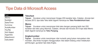 Tipe Data di Microsoft Access
Teks/text
Tujuan Gunakan untuk menyimpan hingga 255 karakter teks. Catatan, dimulai dari
Access 2013, tipe data Teks telah diganti namanya ke Teks Pendek/short text.
Memo
Tujuan Gunakan untuk menyimpan blok teks dengan panjang lebih dari 255
karakter dan teks yang diformat. Catatan, dimulai dari Access 2013 tipe data Memo
telah diganti namanya ke Teks Panjang.
Angka/number
Tujuan Gunakan untuk menyimpan nilai numerik yang bukan merupakan nilai
moneter. Jika Anda mungkin menggunakan nilai dalam bidang untuk melakukan
perhitungan, gunakan tipe data Angka.
 