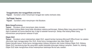 Tanggal/waktu dan tanggal/Date and time
Tujuan : Gunakan untuk menyimpan tanggal dan waktu berbasis data.
Mata Uang/Currency
Tujuan Gunakan untuk menyimpan data moneter.
Data dalam bidang Mata Uang tidak dibulatkan selama perhitungan. Bidang Mata Uang akurat hingga 15
digit di sebelah kiri koma desimal dan 4 digit di sebelah kanannya. Setiap nilai bidang Mata Uang
memerlukan penyimpanan sebesar 8 byte.
Ya/Tidak/ Yes/no
Tujuan Gunakan untuk menyimpan nilai Boolean.
Objek OLE
Tujuan Gunakan untuk melampirkan objek OLE, seperti lembar bentang Microsoft Office Excel, ke catatan.
Jika Anda ingin menggunakan fitur OLE, Anda harus menggunakan tipe data Objek OLE.
Dalam banyak kasus, Anda harus menggunakan bidang Lampiran dan bukan bidang Objek OLE. Bidang
Objek OLE mendukung tipe file yang lebih sedikit daripada dukungan bidang Lampiran. Selain itu, bidang
Objek OLE tidak mengizinkan Anda melampirkan beberapa file ke satu catatan.
 