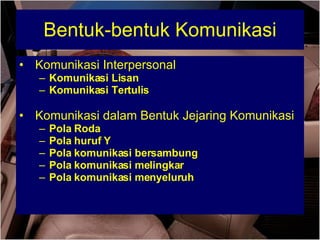 Bentuk-bentuk Komunikasi Komunikasi Interpersonal Komunikasi Lisan Komunikasi Tertulis Komunikasi dalam Bentuk Jejaring Komunikasi Pola Roda Pola huruf Y Pola komunikasi bersambung Pola komunikasi melingkar Pola komunikasi menyeluruh 