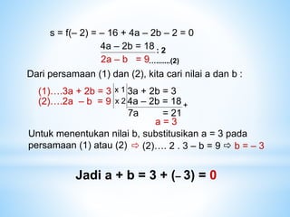 s = f(– 2) = – 16 + 4a – 2b – 2 = 0
4a – 2b = 18 : 2
2a – b = 9….......(2)
Dari persamaan (1) dan (2), kita cari nilai a dan b :
(1)….3a + 2b = 3
(2)….2a – b = 9
x 1
x 2
3a + 2b = 3
4a – 2b = 18 +
7a = 21
a = 3
Untuk menentukan nilai b, substitusikan a = 3 pada
persamaan (1) atau (2)  (2)…. 2 . 3 – b = 9  b = – 3
Jadi a + b = 3 + (– 3) = 0
 