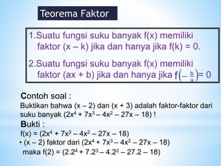 Teorema Faktor
1.Suatu fungsi suku banyak f(x) memiliki
faktor (x – k) jika dan hanya jika f(k) = 0.
2.Suatu fungsi suku banyak f(x) memiliki
faktor (ax + b) jika dan hanya jika = 0
 
a
b
f 
Contoh soal :
Buktikan bahwa (x – 2) dan (x + 3) adalah faktor-faktor dari
suku banyak (2x4 + 7x3 – 4x2 – 27x – 18) !
Bukti :
f(x) = (2x4 + 7x3 – 4x2 – 27x – 18)
• (x – 2) faktor dari (2x4 + 7x3 – 4x2 – 27x – 18)
maka f(2) = (2.24 + 7.23 – 4.22 – 27.2 – 18)
 