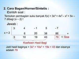 +
2. Cara Bagan/Horner/Sintetis :
Contoh soal :
Jawab :
3 - 1
4 - 7
5
x = 2
3
6
10
20
19
38
43 79
86
 Sisa
Tentukan pembagian suku banyak f(x) = 3x4 + 4x3 – x2 + 5x –
7 dibagi (x – 2) !
Koefisien Hasil Bagi
Jadi hasil baginya = 3x3 + 10x2 + 19x + 43 dan sisanya
adalah 79
 