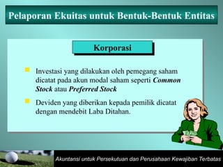 Akuntansi untuk Persekutuan dan Perusahaan Kewajiban Terbatas
Korporasi
 Investasi yang dilakukan oleh pemegang saham
dicatat pada akun modal saham seperti Common
Stock atau Preferred Stock
 Deviden yang diberikan kepada pemilik dicatat
dengan mendebit Laba Ditahan.
Pelaporan Ekuitas untuk Bentuk-Bentuk Entitas
 
