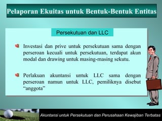 Akuntansi untuk Persekutuan dan Perusahaan Kewajiban Terbatas
Pelaporan Ekuitas untuk Bentuk-Bentuk Entitas
Persekutuan dan LLC
Investasi dan prive untuk persekutuan sama dengan
perseroan kecuali untuk persekutuan, terdapat akun
modal dan drawing untuk masing-masing sekutu.
Perlakuan akuntansi untuk LLC sama dengan
perseroan namun untuk LLC, pemiliknya disebut
“anggota”
 