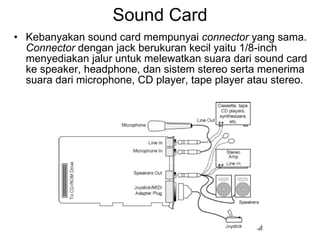Sound Card Kebanyakan sound card mempunyai  connector  yang sama.  Connector  dengan jack berukuran kecil yaitu 1/8-inch menyediakan jalur untuk melewatkan suara dari sound card ke speaker, headphone, dan sistem stereo serta menerima suara dari microphone, CD player, tape player atau stereo.  