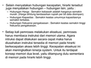 Selain menyatakan hubungan kecepatan, hirarki tersebut juga menyatakan hubungan – hubungan lain, yaitu :  Hubungan Harga : Semakin kebawah adalah harganya semakin murah. (Harga dihitung berdasarkan rupiah per bit data disimpan).  Hubungan Kapasitas : Semakin keatas umumnya kapasitasnya semakin terbatas.  Hubungan frekuensi pengaksesan : Semakin keatas semakin tinggi frekuensi pengaksesan. Setiap kali pemroses melakukan eksekusi, pemroses harus membaca instruksi dari memori utama. Agara intruksi dapat dilakukan secara cepat maka harus diusahakan instruksi tersedia di memori pada hirarki berkecepatan akses lebih tinggi. Kecepatan eksekusi ini akan meningkatkan kinerja system. Untuk itu terdapat konsep memori dua level, yaitu ditampung dulu sementara di memori pada hirarki lebih tinggi.  