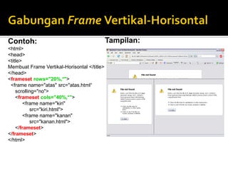 Contoh:
<html>
<head>
<title>
Membuat Frame Vertikal-Horisontal </title>
</head>
<frameset rows="20%,*">
<frame name="atas" src="atas.html“
scrolling="no">
<frameset cols="40%,*">
<frame name="kiri"
src="kiri.html">
<frame name="kanan"
src="kanan.html">
</frameset>
</frameset>
</html>
Tampilan:
 