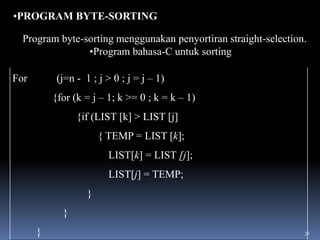 •PROGRAM BYTE-SORTING
Program byte-sorting menggunakan penyortiran straight-selection.
•Program bahasa-C untuk sorting

(j=n - 1 ; j > 0 ; j = j – 1)

For

{for (k = j – 1; k >= 0 ; k = k – 1)
{if (LIST [k] > LIST [j]

{ TEMP = LIST [k];
LIST[k] = LIST [j];
LIST[j] = TEMP;
}
}

}

32

 