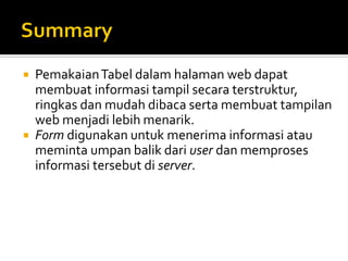  PemakaianTabel dalam halaman web dapat
membuat informasi tampil secara terstruktur,
ringkas dan mudah dibaca serta membuat tampilan
web menjadi lebih menarik.
 Form digunakan untuk menerima informasi atau
meminta umpan balik dari user dan memproses
informasi tersebut di server.
 