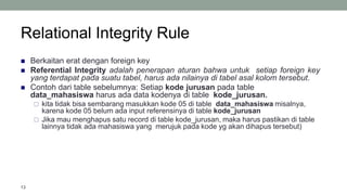 Relational Integrity Rule
 Berkaitan erat dengan foreign key
 Referential Integrity adalah penerapan aturan bahwa untuk setiap foreign key
yang terdapat pada suatu tabel, harus ada nilainya di tabel asal kolom tersebut.
 Contoh dari table sebelumnya: Setiap kode jurusan pada table
data_mahasiswa harus ada data kodenya di table kode_jurusan.
 kita tidak bisa sembarang masukkan kode 05 di table data_mahasiswa misalnya,
karena kode 05 belum ada input referensinya di table kode_jurusan
 Jika mau menghapus satu record di table kode_jurusan, maka harus pastikan di table
lainnya tidak ada mahasiswa yang merujuk pada kode yg akan dihapus tersebut)
13
 