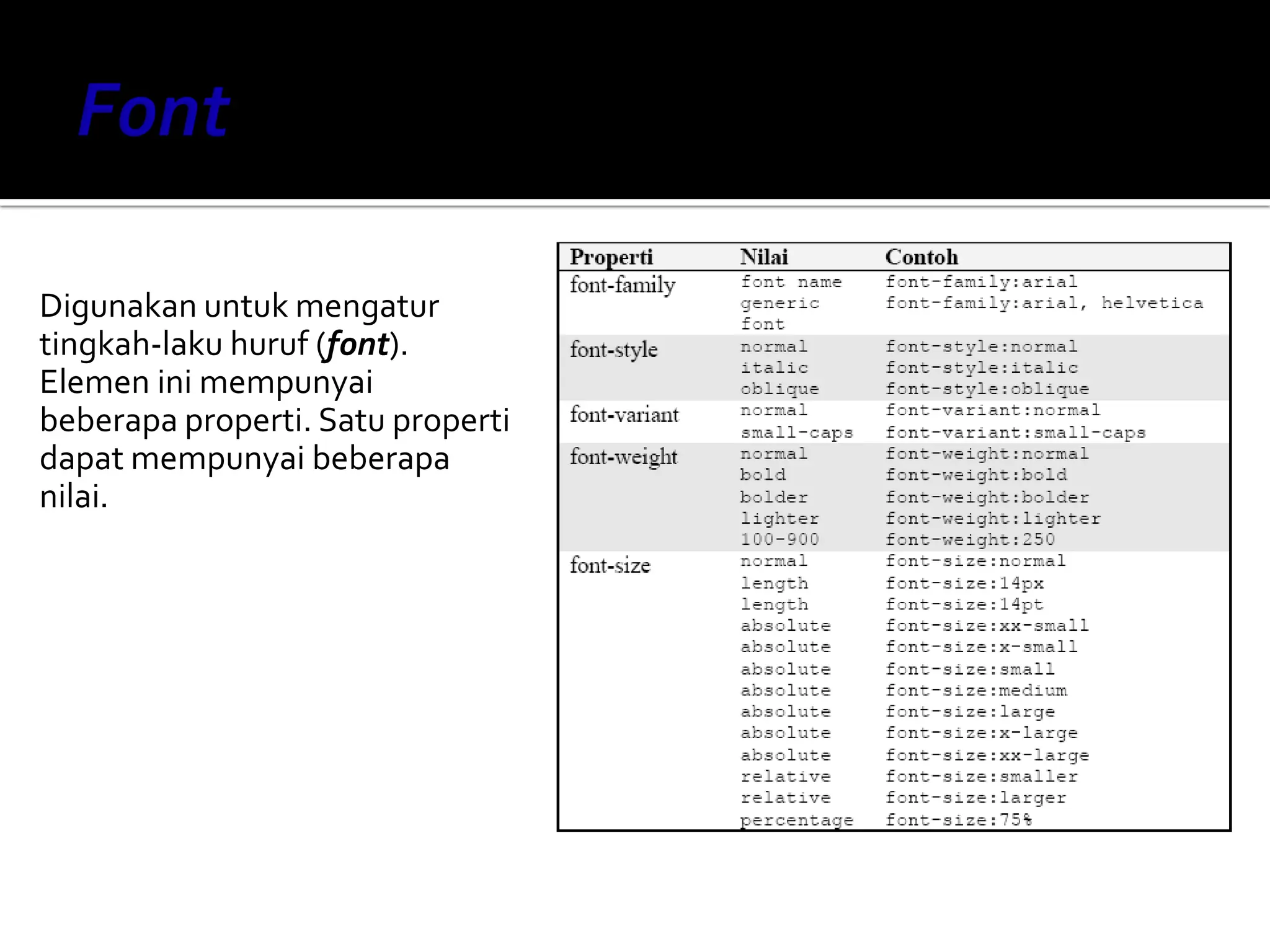 Digunakan untuk mengatur
tingkah-laku huruf (font).
Elemen ini mempunyai
beberapa properti. Satu properti
dapat mempunyai beberapa
nilai.
 