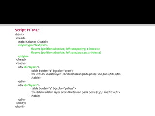 Script HTML:
<html>
<head>
<title>Selector ID</title>
<style type="text/css">
#layer1 {position:absolute; left:100;top:75; z-index:2}
#layer2 {position:absolute; left:130;top:120; z-index:1}
</style>
</head>
<body>
<div id="layer1">
<table border="1" bgcolor="cyan">
<tr> <td>Ini adalah layer 1<br>Diletakkan pada posisi (100,100)</td></tr>
</table>
</div>
<div id="layer2">
<table border="1" bgcolor="yellow">
<tr><td>Ini adalah layer 2<br>Diletakkan pada posisi (130,120)</td></tr>
</table>
</div>
</body>
</html>
 