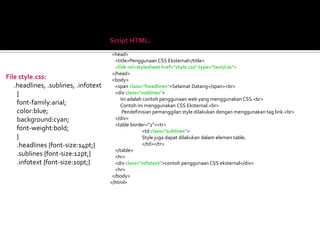 Script HTML:
<html>
<head>
<title>Penggunaan CSS Eksternal</title>
<link rel=stylesheet href="style.css" type="text/css">
</head>
<body>
<span class="headlines">Selamat Datang</span><br>
<div class="sublines">
Ini adalah contoh penggunaan web yang menggunakan CSS.<br>
Contoh ini menggunakan CSS Eksternal.<br>
Pendefinisian pemanggilan style dilakukan dengan menggunakan tag link.<br>
</div>
<table border="2"><tr>
<td class="sublines">
Style juga dapat dilakukan dalam elemen table.
</td></tr>
</table>
<hr>
<div class="infotext">contoh penggunaan CSS eksternal</div>
<hr>
</body>
</html>
File style.css:
.headlines, .sublines, .infotext
{
font-family:arial;
color:blue;
background:cyan;
font-weight:bold;
}
.headlines {font-size:14pt;}
.sublines {font-size:12pt;}
.infotext {font-size:10pt;}
 