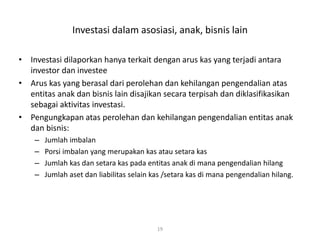 Investasi dalam asosiasi, anak, bisnis lain
• Investasi dilaporkan hanya terkait dengan arus kas yang terjadi antara
investor dan investee
• Arus kas yang berasal dari perolehan dan kehilangan pengendalian atas
entitas anak dan bisnis lain disajikan secara terpisah dan diklasifikasikan
sebagai aktivitas investasi.
• Pengungkapan atas perolehan dan kehilangan pengendalian entitas anak
dan bisnis:
– Jumlah imbalan
– Porsi imbalan yang merupakan kas atau setara kas
– Jumlah kas dan setara kas pada entitas anak di mana pengendalian hilang
– Jumlah aset dan liabilitas selain kas /setara kas di mana pengendalian hilang.
19
 