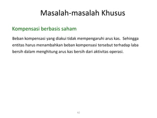 Masalah-masalah Khusus
42
Beban kompensasi yang diakui tidak mempengaruhi arus kas. Sehingga
entitas harus menambahkan beban kompensasi tersebut terhadap laba
bersih dalam menghitung arus kas bersih dari aktivitas operasi.
Kompensasi berbasis saham
 