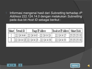 MENU
 Informasi mengenai hasil dari Subnetting terhadap IP
Address 222.124.14.0 dengan melakukan Subnetting
pada dua bit Host ID sebagai berikut :
 