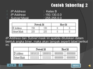 MENU
Contoh Subneting 2
 IP Address : Kelas B
 IP Address : 150.130.0.0
 Subnet Mask : 255.255.0.0
IP Address dan Subnet mask ini apabila dituliskan dalam
bentuk angka biner, maka akan tampak seperti tabel berikut
ini.
 