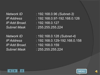 MENU
Network ID : 192.168.0.96 (Subnet-3)
IP Address : 192.168.0.97-192.168.0.126
IP Add Broad. : 192.168.0.127
Subnet Mask : 255.255.255.224
Network ID : 192.168.0.128 (Subnet-4)
IP Address : 192.168.0.129-192.168.0.158
IP Add Broad. : 192.168.0.159
Subnet Mask : 255.255.255.224
 