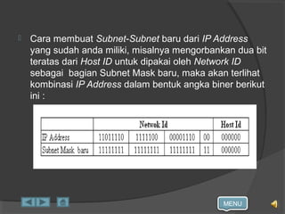 MENU
 Cara membuat Subnet-Subnet baru dari IP Address
yang sudah anda miliki, misalnya mengorbankan dua bit
teratas dari Host ID untuk dipakai oleh Network ID
sebagai bagian Subnet Mask baru, maka akan terlihat
kombinasi IP Address dalam bentuk angka biner berikut
ini :
 