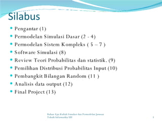 Silabus Pengantar (1) Permodelan Simulasi Dasar (2 - 4) Permodelan Sistem Kompleks ( 5 – 7 ) Software Simulasi (8) Review Teori Probabilitas dan statistik. (9) Pemilihan Distribusi Probabilitas Input (10) Pembangkit Bilangan Random (11 ) Analisis data output  (12) Final Project (13) Bahan Ajar Kuliah Simulasi dan Permodelan Jurusan Teknik Informatika UII 