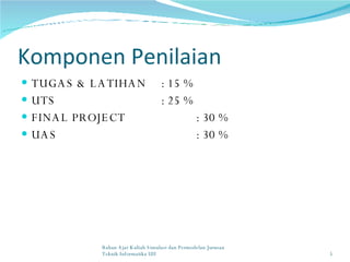 Komponen Penilaian TUGAS & LATIHAN : 15 % UTS : 25 % FINAL PROJECT  : 30 % UAS : 30 % Bahan Ajar Kuliah Simulasi dan Permodelan Jurusan Teknik Informatika UII 