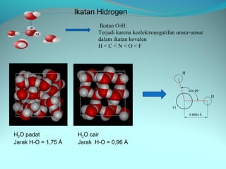 Ikatan Hidrogen
                              Ikatan O-H:
                             Terjadi karena keelektronegatifan unsur-unsur
                             dalam ikatan kovalen
                             H<C<N<O<F




H2O padat             H2O cair
Jarak H-O = 1,75 Å    Jarak H-O = 0,96 Å
 