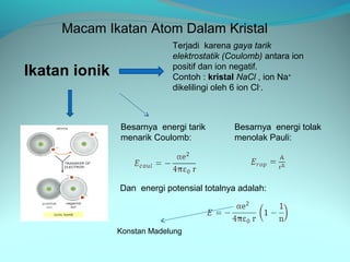 Macam Ikatan Atom Dalam Kristal
                            Terjadi karena gaya tarik
                            elektrostatik (Coulomb) antara ion
                            positif dan ion negatif.
Ikatan ionik                Contoh : kristal NaCl , ion Na+
                            dikelilingi oleh 6 ion Cl-.



               Besarnya energi tarik        Besarnya energi tolak
               menarik Coulomb:             menolak Pauli:




               Dan energi potensial totalnya adalah:



               Konstan Madelung
 