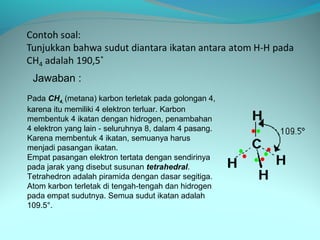 Jawaban :
Pada CH4, (metana) karbon terletak pada golongan 4,
karena itu memiliki 4 elektron terluar. Karbon
membentuk 4 ikatan dengan hidrogen, penambahan
4 elektron yang lain - seluruhnya 8, dalam 4 pasang.
Karena membentuk 4 ikatan, semuanya harus
menjadi pasangan ikatan.
Empat pasangan elektron tertata dengan sendirinya
pada jarak yang disebut susunan tetrahedral.
Tetrahedron adalah piramida dengan dasar segitiga.
Atom karbon terletak di tengah-tengah dan hidrogen
pada empat sudutnya. Semua sudut ikatan adalah
109.5°.
 