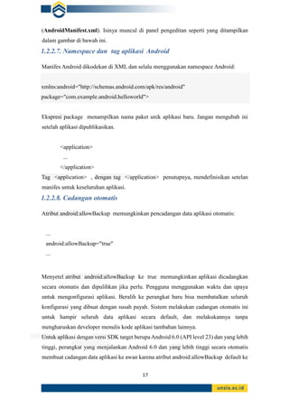 17
(AndroidManifest.xml). Isinya muncul di panel pengeditan seperti yang ditampilkan
dalam gambar di bawah ini.
1.2.2.7. Namespace dan tag aplikasi Android
Manifes Android dikodekan di XML dan selalu menggunakan namespace Android:
xmlns:android="http://schemas.android.com/apk/res/android"
package="com.example.android.helloworld">
Ekspresi package menampilkan nama paket unik aplikasi baru. Jangan mengubah ini
setelah aplikasi dipublikasikan.
<application>
...
</application>
Tag <application> , dengan tag </application> penutupnya, mendefinisikan setelan
manifes untuk keseluruhan aplikasi.
1.2.2.8. Cadangan otomatis
Atribut android:allowBackup memungkinkan pencadangan data aplikasi otomatis:
...
android:allowBackup="true"
...
Menyetel atribut android:allowBackup ke true memungkinkan aplikasi dicadangkan
secara otomatis dan dipulihkan jika perlu. Pengguna menggunakan waktu dan upaya
untuk mengonfigurasi aplikasi. Beralih ke perangkat baru bisa membatalkan seluruh
konfigurasi yang dibuat dengan susah payah. Sistem melakukan cadangan otomatis ini
untuk hampir seluruh data aplikasi secara default, dan melakukannya tanpa
mengharuskan developer menulis kode aplikasi tambahan lainnya.
Untuk aplikasi dengan versi SDK target berupa Android 6.0 (API level 23) dan yang lebih
tinggi, perangkat yang menjalankan Android 6.0 dan yang lebih tinggi secara otomatis
membuat cadangan data aplikasi ke awan karena atribut android:allowBackup default ke
 