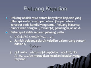 PeluangKejadianPeluangadalahrasioantarabanyaknyakejadian yang diharapkandarisuatupercobaanjikapercobaantersebutpadakondisi yang sama.  Peluangbiasanyadinotasikandengan P, misal P(A) peluangkejadian A.Beberapakaidahsebaranpeluang, yaitu:0  p(xi)  1, untuki=1,2, …, nJumlahpeluangseluruhkejadiandalamruangcontohadalah 1, p(A1+A2+…+Am) = p(A1)+p(A2)+…+p(Am), jika A1, A2, …, Am merupakankejadian-kejadian yang terpisah. 