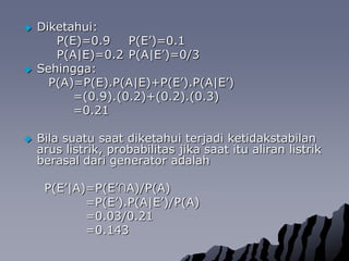 TeoremaBayesDiberikan B1, B2, ... ,Bnpartisiruangsampel S. Andaikanterjadiperistiwa A; berapakahpeluangterjadinyaperistiwaBj?Denganmemakai def. peluangbersyaratdanteoremapeluang total, diperolehInidisebutsebagaiTeoremaBayesatauAturanBayes, danadalah (salahsatudari) persamaan paling bermanfaatdalamteoripeluangdanstatistik