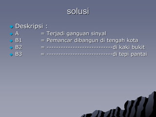 Solusi…1.Peluang terjadinyaganguansinyalP(A)=P(B1)P(A|B1)+P(B2)P(A|B2)+P(B3)P(A|B3)=(0,2).(0.05)+(0.3)(0.06)+(0.5)(0.08)=0.001+0.018+0.04=0.0682. Diketahuitelahterjadiganguan pd sinyal, makapeluangbahwa operator ternyatatelahmembangunpemancarditepipantai >> Dapatdinyatakandgn: “Peluangbersyaratbahwa operator membangunpemancarditepipantaibiladiketahuitelahterjadiganguansinyal”: