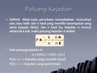 PeluangKejadianDefinisi:  Misalsuatupercobaanmenyebabkanmunculnyasatuataulebihdarinhasil yang memilikikesempatan yang sama (equally likely). Dan n hasilitu, kejadian A munculsebanyakk kali, makapeluangkejadian A adalahNilaipeluangkejadian A:0 ≤ P(A) ≤ 1 ; P(A) = [0,1]	P(A) = 0 -> Kejadian yang mustahilterjadi	P(A) = 1 -> Kejadian yang pastiterjadi