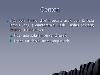 ContohTiga bola lampudipilihsecaraacakdari 12 bola lampu yang 4 diantaranyarusak. Carilahpeluangkejadianmunculnya:Tidakada bola lampu yang rusakTepatsatu bola lampu yang rusak