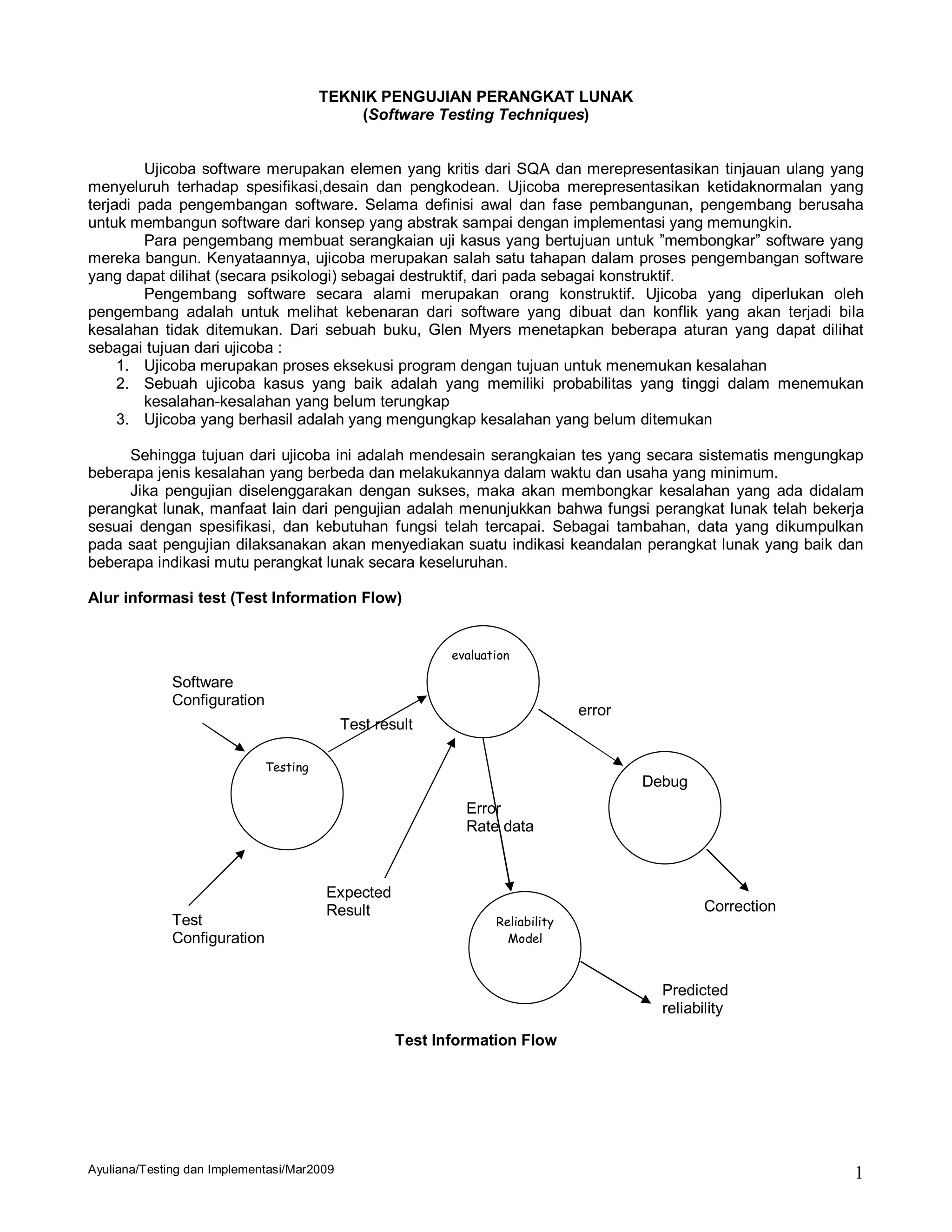 TEKNIK PENGUJIAN PERANGKAT LUNAK
                                           (Software Testing Techniques)


         Ujicoba software merupakan elemen yang kritis dari SQA dan merepresentasikan tinjauan ulang yang
menyeluruh terhadap spesifikasi,desain dan pengkodean. Ujicoba merepresentasikan ketidaknormalan yang
terjadi pada pengembangan software. Selama definisi awal dan fase pembangunan, pengembang berusaha
untuk membangun software dari konsep yang abstrak sampai dengan implementasi yang memungkin.
         Para pengembang membuat serangkaian uji kasus yang bertujuan untuk ”membongkar” software yang
mereka bangun. Kenyataannya, ujicoba merupakan salah satu tahapan dalam proses pengembangan software
yang dapat dilihat (secara psikologi) sebagai destruktif, dari pada sebagai konstruktif.
         Pengembang software secara alami merupakan orang konstruktif. Ujicoba yang diperlukan oleh
pengembang adalah untuk melihat kebenaran dari software yang dibuat dan konflik yang akan terjadi bila
kesalahan tidak ditemukan. Dari sebuah buku, Glen Myers menetapkan beberapa aturan yang dapat dilihat
sebagai tujuan dari ujicoba :
     1. Ujicoba merupakan proses eksekusi program dengan tujuan untuk menemukan kesalahan
     2. Sebuah ujicoba kasus yang baik adalah yang memiliki probabilitas yang tinggi dalam menemukan
         kesalahan-kesalahan yang belum terungkap
     3. Ujicoba yang berhasil adalah yang mengungkap kesalahan yang belum ditemukan

     Sehingga tujuan dari ujicoba ini adalah mendesain serangkaian tes yang secara sistematis mengungkap
beberapa jenis kesalahan yang berbeda dan melakukannya dalam waktu dan usaha yang minimum.
     Jika pengujian diselenggarakan dengan sukses, maka akan membongkar kesalahan yang ada didalam
perangkat lunak, manfaat lain dari pengujian adalah menunjukkan bahwa fungsi perangkat lunak telah bekerja
sesuai dengan spesifikasi, dan kebutuhan fungsi telah tercapai. Sebagai tambahan, data yang dikumpulkan
pada saat pengujian dilaksanakan akan menyediakan suatu indikasi keandalan perangkat lunak yang baik dan
beberapa indikasi mutu perangkat lunak secara keseluruhan.

Alur informasi test (Test Information Flow)


                                                           evaluation

             Software
             Configuration
                                                                                error
                                            Test result

                             Testing
                                                                                        Debug
                                                             Error
                                                             Rate data



                                       Expected
                                       Result                                                   Correction
             Test                                                 Reliability
             Configuration                                          Model



                                                                                          Predicted
                                                                                          reliability

                                                    Test Information Flow




Ayuliana/Testing dan Implementasi/Mar2009                                                                    1
 