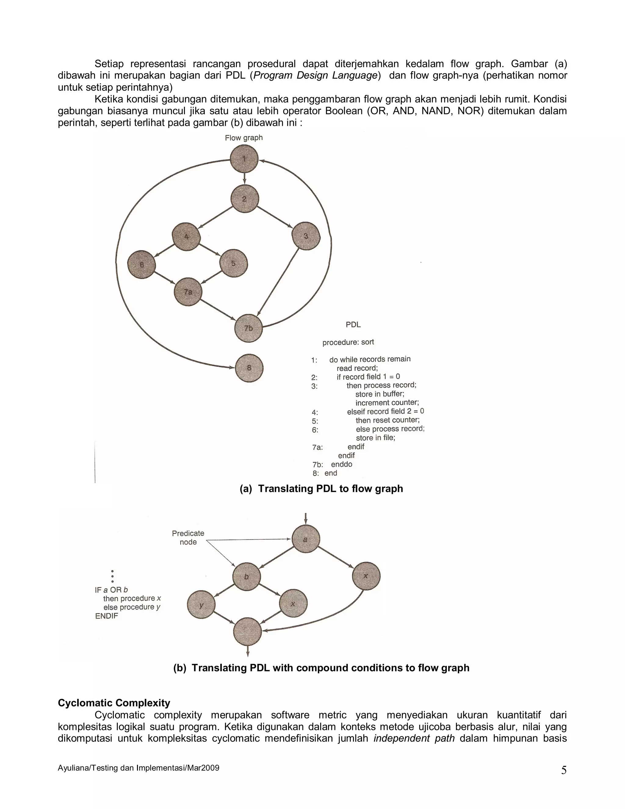 Setiap representasi rancangan prosedural dapat diterjemahkan kedalam flow graph. Gambar (a)
dibawah ini merupakan bagian dari PDL (Program Design Language) dan flow graph-nya (perhatikan nomor
untuk setiap perintahnya)
        Ketika kondisi gabungan ditemukan, maka penggambaran flow graph akan menjadi lebih rumit. Kondisi
gabungan biasanya muncul jika satu atau lebih operator Boolean (OR, AND, NAND, NOR) ditemukan dalam
perintah, seperti terlihat pada gambar (b) dibawah ini :




                                            (a) Translating PDL to flow graph




                             (b) Translating PDL with compound conditions to flow graph


Cyclomatic Complexity
       Cyclomatic complexity merupakan software metric yang menyediakan ukuran kuantitatif dari
komplesitas logikal suatu program. Ketika digunakan dalam konteks metode ujicoba berbasis alur, nilai yang
dikomputasi untuk kompleksitas cyclomatic mendefinisikan jumlah independent path dalam himpunan basis

Ayuliana/Testing dan Implementasi/Mar2009                                                               5
 