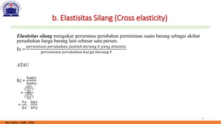 12
b. Elastisitas Silang (Cross elasticity)
Elastisitas silang mengukur persentase perubahan permintaan suatu barang sebagai akibat
peruabahan harga barang lain sebesar satu persen.
Ec =
𝑝𝑒𝑟𝑠𝑒𝑛𝑡𝑎𝑠𝑒 𝑝𝑒𝑟𝑢𝑏𝑎ℎ𝑎𝑛 𝑗𝑢𝑚𝑙𝑎ℎ 𝑏𝑎𝑟𝑎𝑛𝑔 𝑋 𝑦𝑎𝑛𝑔 𝑑𝑖𝑚𝑖𝑛𝑡𝑎
𝑝𝑒𝑟𝑠𝑒𝑛𝑡𝑎𝑠𝑒 𝑝𝑒𝑟𝑢𝑏𝑎ℎ𝑎𝑛 ℎ𝑎𝑟𝑔𝑎 𝑏𝑎𝑟𝑎𝑛𝑔 𝑌
ATAU
Ec =
%∆𝑄𝑥
%∆𝑃𝑦
=
(
∆𝑄𝑥
𝑄𝑥
)
(
∆𝑃𝑦
𝑃𝑦
)
=
𝑃𝑦
𝑄𝑥
.
∆𝑄𝑥
∆𝑃𝑦
Wiji Safitri, SMB., MM.
 