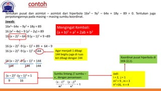 contoh
Tentukan pusat dan asimtot – asimtot dari hiperbola 16x2 – 9y2 – 64x + 18y – 89 = 0. Tentukan juga
perpotongannya pada masing – masing sumbu koordinat.
Jawab:
16x2– 64x – 9y2 + 18y = 89
16 (x2 – 4x) – 9 (y2 – 2y) = 89
16 (x – 2)2 – 64 -9 (y – 1)2 + 9 =89
16 (x – 2)2 -9 (y – 1)2 = 89 + 64 – 9
16 (x – 2)2 -9 (y – 1)2 = 144
16 (x – 2)2 -9 (y – 1)2 = 144
144 144 144
(x – 2)2 -(y – 1)2 = 1
9 16
Agar menjadi 1 dibagi
144 begitu juga di ruas
kiri dibagi dengan 144
Mengingat Kembali:
(a + b)2 = a2 + 2ab + b2
Jadi:
i = 2, j = 1
m2 = 9 , m = 3
n2 =16, n = 4
Sumbu lintang // sumbu –
x , dengan persamaan:
Koordinat pusat hiperbola di
titik (2,1).
 