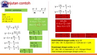Lanjutan contoh
Asimtot – asimtotnya:
𝑥 −2
3
= ±
𝑦 −1
4
Jadi:
i = 2, j = 1
m2 = 9 , m = 3
n2 =16, n = 4
y – 1 = ±
4(𝑥 −2)
3
y – 1 = ±
4𝑥
3
-
8
3
y =
4𝑥
3
-
8
3
+ 1
y =
4𝑥
3
-
8
3
+
3
3
y =
4𝑥
3
-
5
3
y =
−4𝑥
3
+
8
3
+ 1
y =
−4𝑥
3
+
8
3
+
3
3
y =
−4𝑥
3
+
11
3
Jadi, jika:
X = 0, y = -
5
3
= -1,67
Jika y = 0, x =
5
4
= 1,25
0 =
4𝑥
3
-
5
3
4𝑥
3
=
5
3
12x = 15
X =
15
12
=
5
4
Jadi, jika:
X = 0, y =
11
3
= 3,67
Jika y = 0, x = 2,75
0 =
−4𝑥
3
+
11
3
4𝑥
3
=
11
3
12𝑥 = 33
X= 2,75
PERPOTONGAN dengan sumbu –x: y = 0
16x2– 64x – 89 = 0, diperoleh x1 = 5,09 dan x2 = -1,09
Perpotongan dengan sumbu –y, x = 0
9y2 - 18y + 89 = 0, diperoleh y1 = y2 = bilangan khayal
Tidak terdapat perpotongan dengan sumbu -y
 