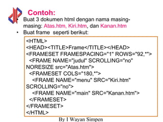 By I Wayan Simpen
Contoh:
• Buat 3 dokumen html dengan nama masing-
masing: Atas.htm, Kiri.htm, dan Kanan.htm
• Buat frame seperti berikut:
<HTML>
<HEAD><TITLE>Frame</TITLE></HEAD>
<FRAMESET FRAMESPACING="1" ROWS="92,*">
<FRAME NAME="judul" SCROLLING="no"
NORESIZE src="Atas.htm">
<FRAMESET COLS="180,*">
<FRAME NAME="menu" SRC="Kiri.htm"
SCROLLING="no">
<FRAME NAME="main" SRC="Kanan.htm">
</FRAMESET>
</FRAMESET>
</HTML>
 