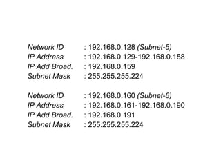 Network ID : 192.168.0.128 (Subnet-5)
IP Address : 192.168.0.129-192.168.0.158
IP Add Broad. : 192.168.0.159
Subnet Mask : 255.255.255.224
Network ID : 192.168.0.160 (Subnet-6)
IP Address : 192.168.0.161-192.168.0.190
IP Add Broad. : 192.168.0.191
Subnet Mask : 255.255.255.224
 