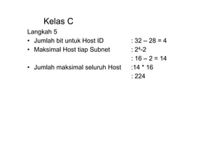 Kelas C
Langkah 5
• Jumlah bit untuk Host ID : 32 – 28 = 4
• Maksimal Host tiap Subnet : 24-2
: 16 – 2 = 14
• Jumlah maksimal seluruh Host :14 * 16
: 224
 