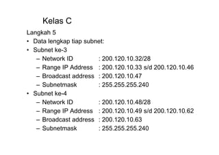 Kelas C
Langkah 5
• Data lengkap tiap subnet:
• Subnet ke-3
– Network ID : 200.120.10.32/28
– Range IP Address : 200.120.10.33 s/d 200.120.10.46
– Broadcast address : 200.120.10.47
– Subnetmask : 255.255.255.240
• Subnet ke-4
– Network ID : 200.120.10.48/28
– Range IP Address : 200.120.10.49 s/d 200.120.10.62
– Broadcast address : 200.120.10.63
– Subnetmask : 255.255.255.240
 