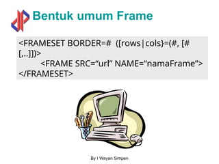 By I Wayan Simpen
Bentuk umum Frame
<FRAMESET BORDER=# ([rows|cols}=(#, [#
[,..]])>
<FRAME SRC=“url” NAME=“namaFrame”>
</FRAMESET>
 