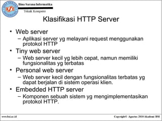 Klasifikasi HTTP Server Web server Aplikasi server yg melayani request menggunakan protokol HTTP Tiny web server Web server kecil yg lebih cepat, namun memiliki fungsionalitas yg terbatas Personal web server Web server kecil dengan fungsionalitas terbatas yg dapat berjalan di sistem operasi klien.  Embedded HTTP server Komponen sebuah sistem yg mengimplementasikan protokol HTTP. 
