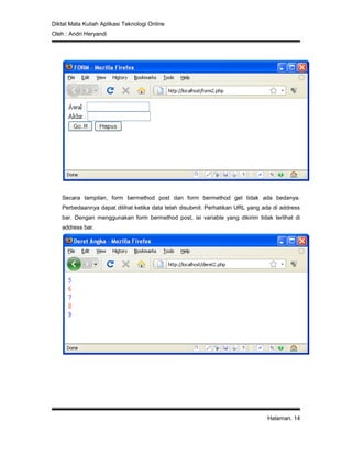 Diktat Mata Kuliah Aplikasi Teknologi Online
Oleh : Andri Heryandi
Halaman. 14
Secara tampilan, form bermethod post dan form bermethod get tidak ada bedanya.
Perbedaannya dapat dilihat ketika data telah disubmit. Perhatikan URL yang ada di address
bar. Dengan menggunakan form bermethod post, isi variable yang dikirim tidak terlihat di
address bar.
 