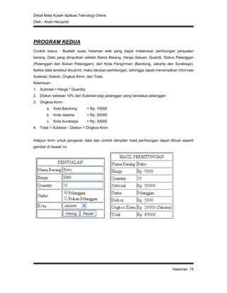 Diktat Mata Kuliah Aplikasi Teknologi Online
Oleh : Andri Heryandi
Halaman. 15
PROGRAM KEDUA
Contoh kasus : Buatlah suatu halaman web yang dapat melakukan perhitungan penjualan
barang. Data yang diinputkan adalah Nama Barang, Harga Satuan, Quantit, Status Pelanggan
(Pelanggan dan Bukan Pelanggan), dan Kota Pengiriman (Bandung, Jakarta dan Surabaya).
Ketika data tersebut disubmit, maka lakukan perhitungan, sehingga dapat menampilkan informasi
Subtotal, Diskon, Ongkos Kirim, dan Total.
Ketentuan :
1. Subtotal = Harga * Quantity
2. Diskon sebesar 10% dari Subtotal bagi pelanggan yang berstatus pelanggan
3. Ongkos Kirim :
a. Kota Bandung = Rp. 10000
b. Kota Jakarta = Rp. 20000
c. Kota Surabaya = Rp. 30000
4. Total = Subtotal – Diskon + Ongkos Kirim
Adapun form untuk pengisian data dan contoh tampilan hasil perhitungan dapat dibuat seperti
gambar di bawah ini.
 