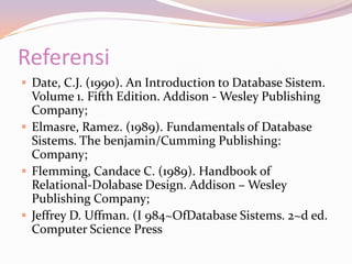 Referensi
 Date, C.J. (1990). An Introduction to Database Sistem.
  Volume 1. Fifth Edition. Addison - Wesley Publishing
  Company;
 Elmasre, Ramez. (1989). Fundamentals of Database
  Sistems. The benjamin/Cumming Publishing:
  Company;
 Flemming, Candace C. (1989). Handbook of
  Relational-Dolabase Design. Addison – Wesley
  Publishing Company;
 Jeffrey D. Uffman. (I 984~OfDatabase Sistems. 2~d ed.
  Computer Science Press
 