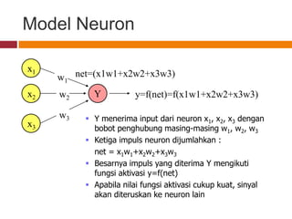 Model Neuron

x1
     w1 net=(x1w1+x2w2+x3w3)
x2   w2     Y          y=f(net)=f(x1w1+x2w2+x3w3)

     w3    Y menerima input dari neuron x1, x2, x3 dengan
x3          bobot penghubung masing-masing w1, w2, w3
           Ketiga impuls neuron dijumlahkan :
            net = x1w1+x2w2+x3w3
           Besarnya impuls yang diterima Y mengikuti
            fungsi aktivasi y=f(net)
           Apabila nilai fungsi aktivasi cukup kuat, sinyal
            akan diteruskan ke neuron lain
 