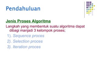 Jenis Proses Algoritma
Langkah yang membentuk suatu algoritma dapat
dibagi manjadi 3 kelompok proses;

1). Sequence proces
2). Selection proces
3). Iteration proces

 
